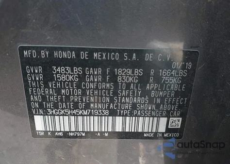 2019 Honda Fit Lx из США, поврежденный, VIN 3HGGK5H45KM719338